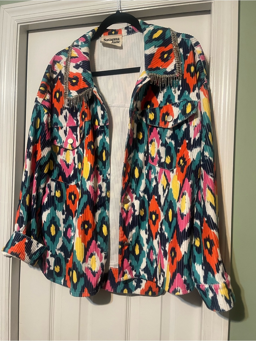 Savanna Jane Multicolor Ikat Fringe-Trim Jean Jacket